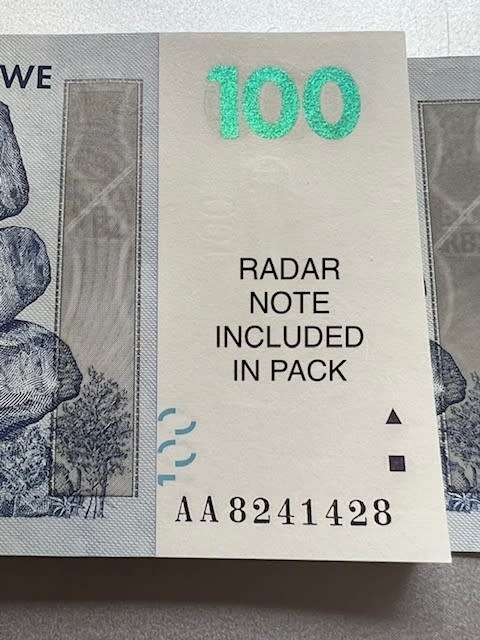 ZIMBABWE $100 BANK NOTES (Pack of 100 notes). Harare 2007. Including RADAR NOTE #AA8241428