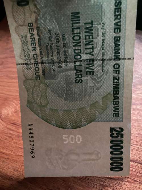 Zimbabwe $25 MILLION Bearer Cheque - ERROR CHEQUE - Watermark 500 and Note 25 000 000 - Issued 2008