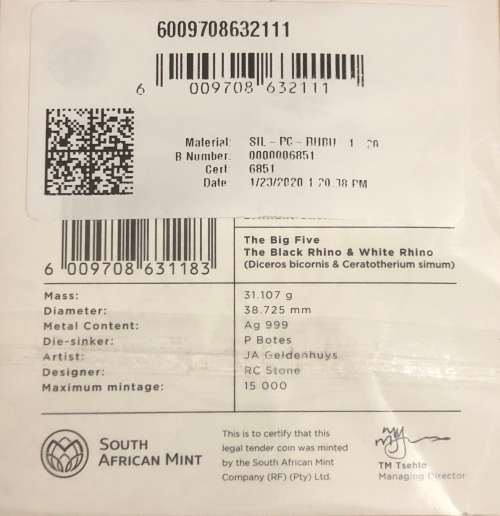 2020 The Big Five RHINO - 1 Ounce Fine Silver