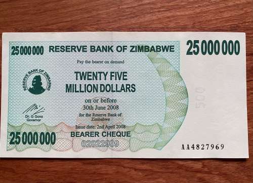 Zimbabwe $25 MILLION Bearer Cheque - ERROR CHEQUE - Watermark 500 and Note 25 000 000 - Issued 2008