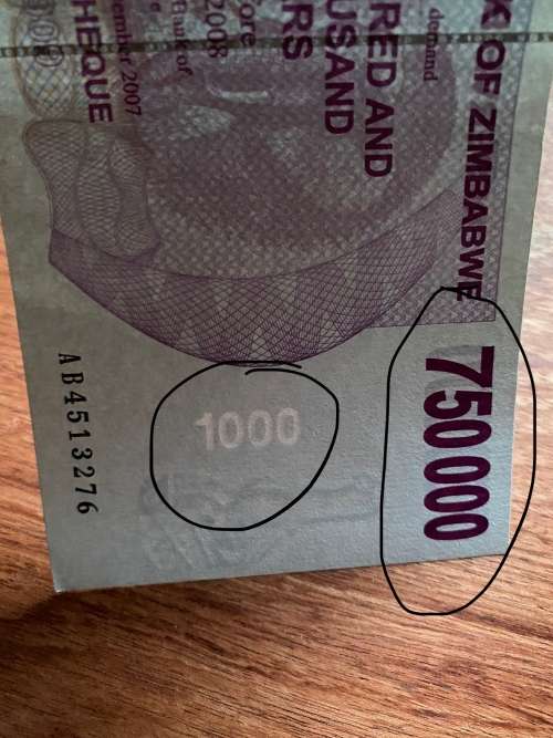 Zimbabwe $750,000 Bearer Cheque - ERROR CHEQUE - Watermark 1,000 and Note 750,000 - Issued 2008 - Go