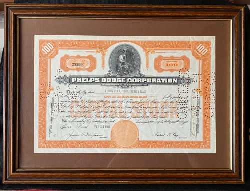 USA, New York. `Phelps Dodge Corporation` Share Certificate Number 233060, 100 shares. 23/02/1951