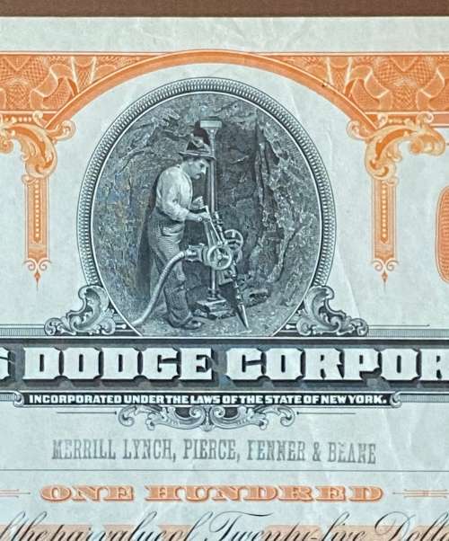 USA, New York. `Phelps Dodge Corporation` Share Certificate Number 233060, 100 shares. 23/02/1951