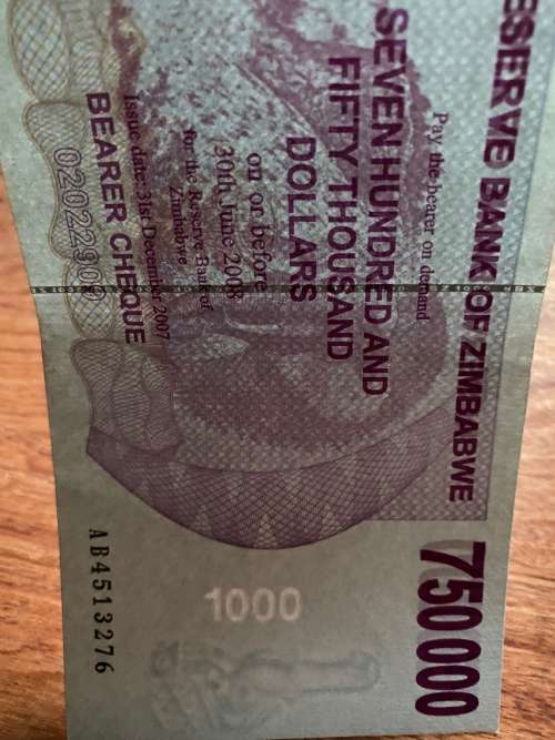 Zimbabwe $750,000 Bearer Cheque - ERROR CHEQUE - Watermark 1,000 and Note 750,000 - Issued 2008 - Go