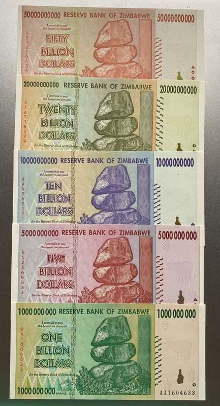 ZIMBABWE BILLION DOLLAR NOTES SET - Including $1, $5, $10, $20 & $50 Billion Dollar UNC notes