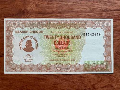 Zimbabwe $20,000 Bearer Cheque - Issued 2003 - Governor Dr G. Gono. Note in excellent condition