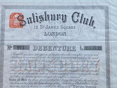Beaver Bond // Debenture Number 211. LONDON, 15 March 1886. `Salisbury Club` 12 St James Square