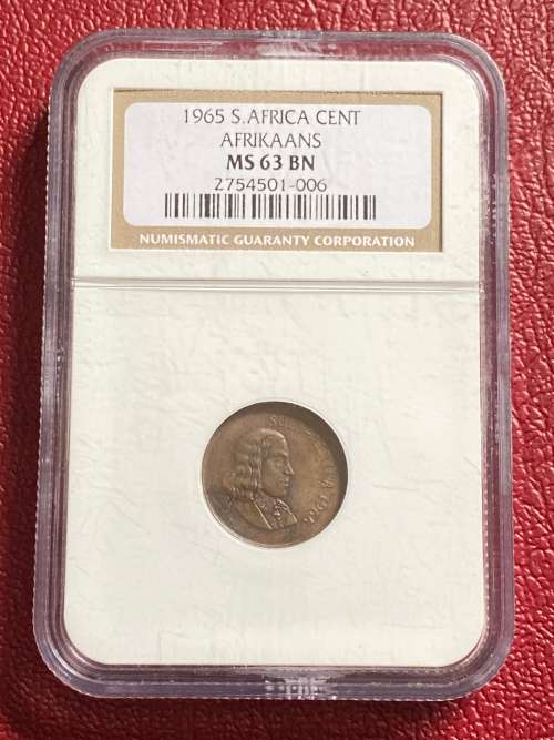 1965 AFRIKAANS 1 Cent. RARE COIN. NGC graded MS63BN