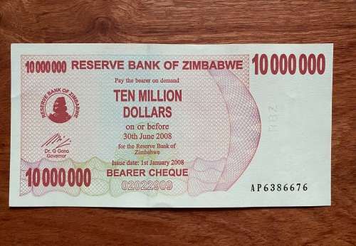 Zimbabwe $10 MILLION Bearer Cheque - Issued 2008 - Governor Dr G. Gono. Note in excellent condition