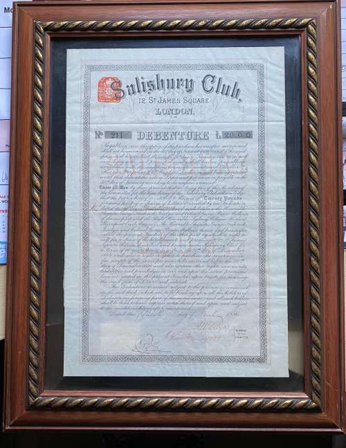 Beaver Bond // Debenture Number 211. LONDON, 15 March 1886. `Salisbury Club` 12 St James Square