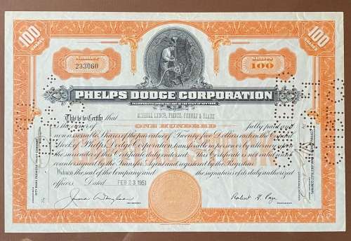 USA, New York. `Phelps Dodge Corporation` Share Certificate Number 233060, 100 shares. 23/02/1951