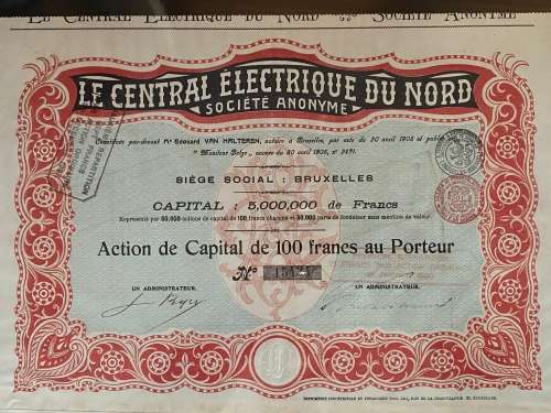 Bruxelles, France - `Le Central Electrique du Nord`. Share Certificate number 15424. 18 January 1906