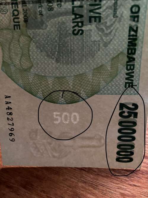 Zimbabwe $25 MILLION Bearer Cheque - ERROR CHEQUE - Watermark 500 and Note 25 000 000 - Issued 2008