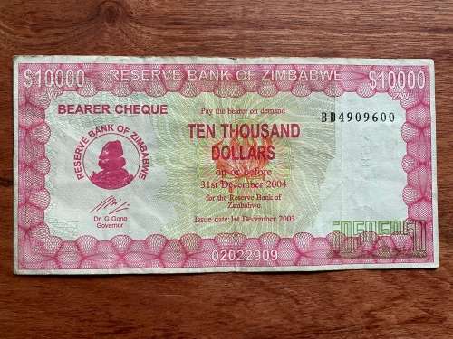Zimbabwe $10,000 Bearer Cheque - Issued 2003 - Governor Dr G. Gono