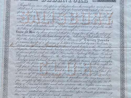 Beaver Bond // Debenture Number 211. LONDON, 15 March 1886. `Salisbury Club` 12 St James Square