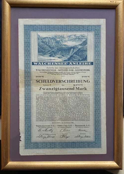 German Debenture. Munich, Dated 20 February 1923. 20,000 Mark, Schuldverschreibung, No 87079