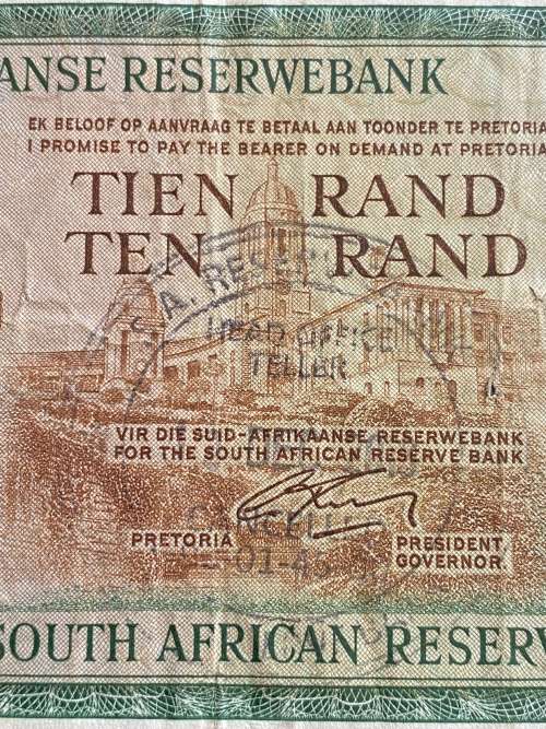South Africa R10 Cancelled note - STAMPED CANCELLED by SA Reserve Bank Teller.
