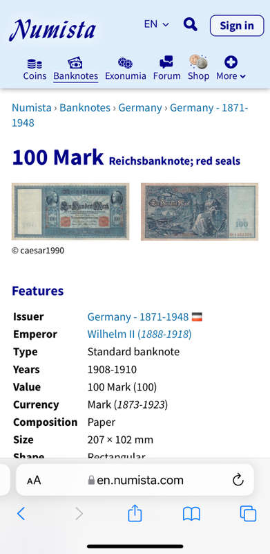 Germany - 1908 - 100 Mark Reichsbanknote, red seals P#35 `Scarcer Note`