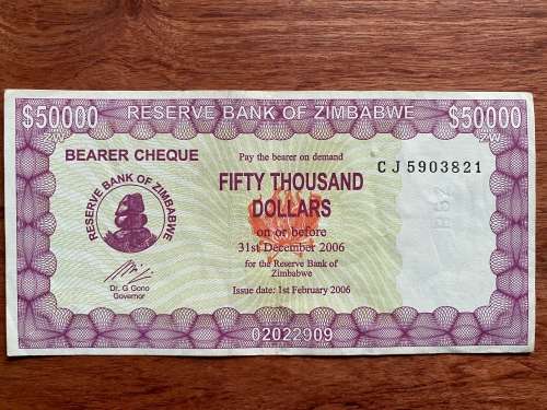 Zimbabwe $50,000 Bearer Cheque - Issued 2006 - Governor Dr G. Gono