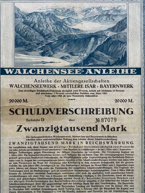 German Debenture. Munich, Dated 20 February 1923. 20,000 Mark, Schuldverschreibung, No 87079