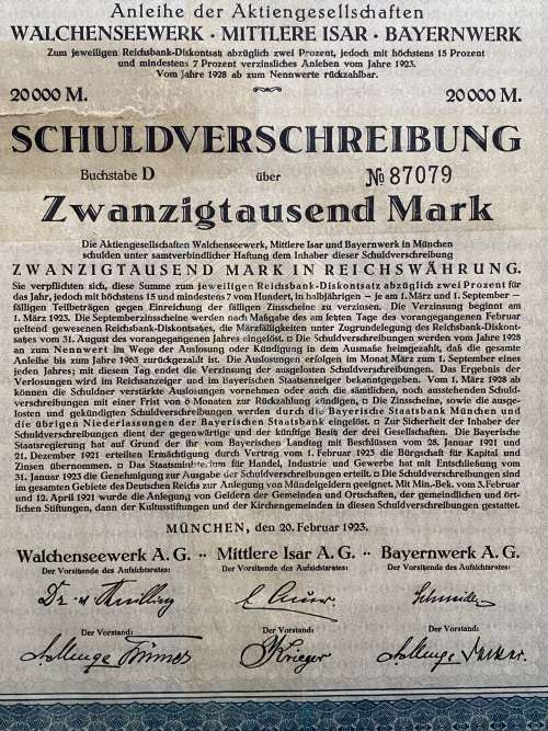 German Debenture. Munich, Dated 20 February 1923. 20,000 Mark, Schuldverschreibung, No 87079