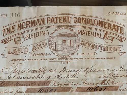 SOUTH AFRICA - `The Herman Patent Conglomerate`. 100 Shares issued. Certificate no 116. 14 June 1896