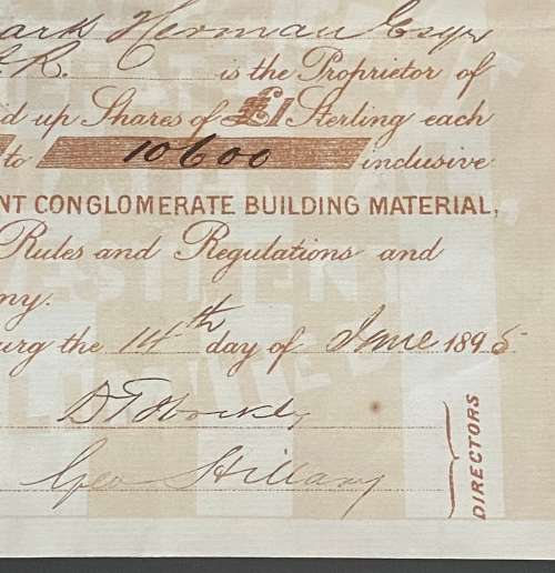 SOUTH AFRICA - `The Herman Patent Conglomerate`. 100 Shares issued. Certificate no 116. 14 June 1896