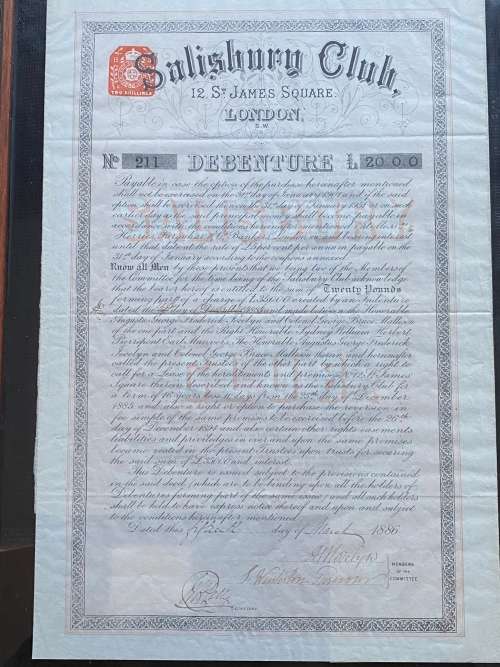 Beaver Bond // Debenture Number 211. LONDON, 15 March 1886. `Salisbury Club` 12 St James Square