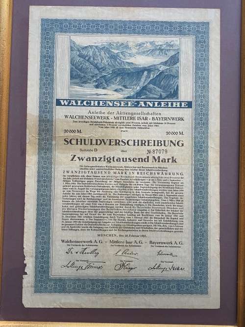 German Debenture. Munich, Dated 20 February 1923. 20,000 Mark, Schuldverschreibung, No 87079