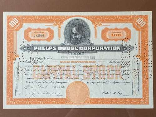 USA, New York. `Phelps Dodge Corporation` Share Certificate Number 233060, 100 shares. 23/02/1951