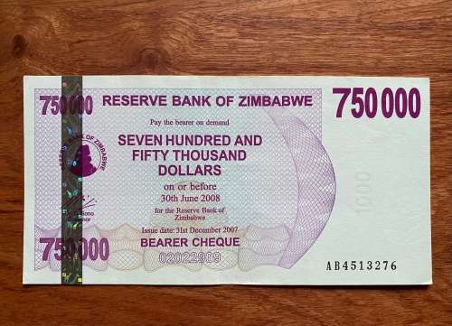Zimbabwe $750,000 Bearer Cheque - ERROR CHEQUE - Watermark 1,000 and Note 750,000 - Issued 2008 - Go