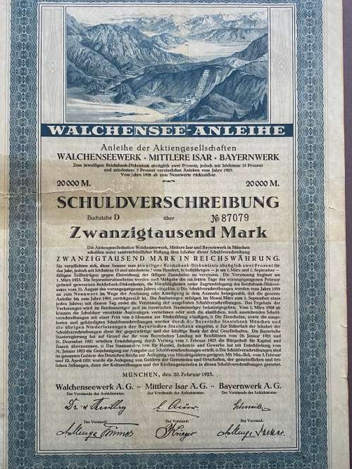 German Debenture. Munich, Dated 20 February 1923. 20,000 Mark, Schuldverschreibung, No 87079