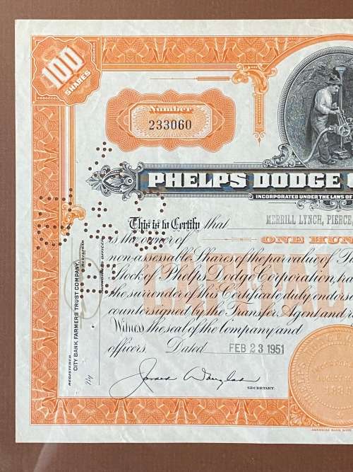 USA, New York. `Phelps Dodge Corporation` Share Certificate Number 233060, 100 shares. 23/02/1951