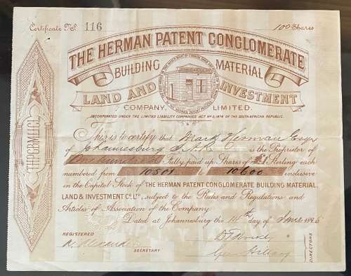 SOUTH AFRICA - `The Herman Patent Conglomerate`. 100 Shares issued. Certificate no 116. 14 June 1896