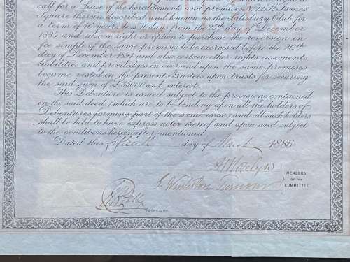 Beaver Bond // Debenture Number 211. LONDON, 15 March 1886. `Salisbury Club` 12 St James Square