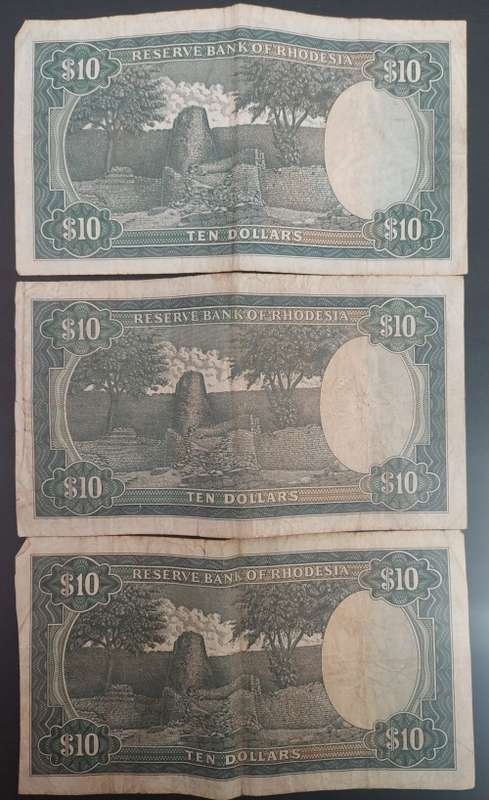 L@@K!!! 3 x  10 Rhodesian Dollar notes