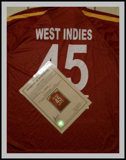 SIGNED CHRIS GAYLE MATCH WORN WEST INDIES SHIRT WITH COA