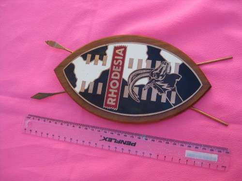 Small wall hanging.  Rhodesia.  Shield.  Copper on wooden plaque.