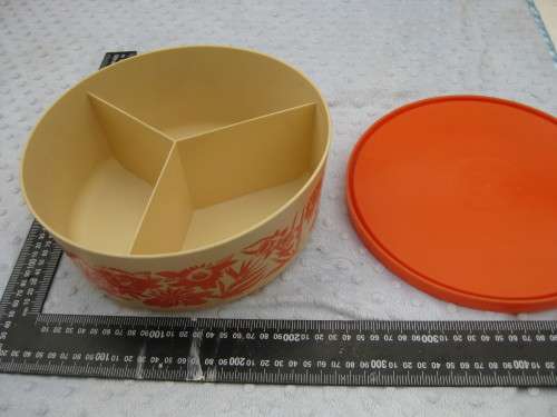 Retro `Riviera` plastic storage container with three compartments.