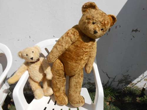 Retro, large (700mm high), straw-filled teddy bear with a small modern friend.