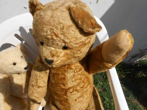 Retro, large (700mm high), straw-filled teddy bear with a small modern friend.