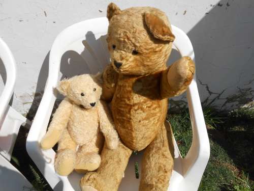Retro, large (700mm high), straw-filled teddy bear with a small modern friend.
