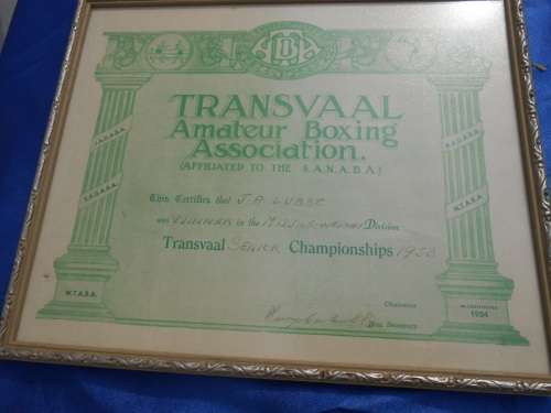 1953 Boxing Certificate.  Transvaal Amateur Boxing Association.  J.A. Lubbe.
