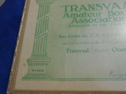1953 Boxing Certificate.  Transvaal Amateur Boxing Association.  J.A. Lubbe.