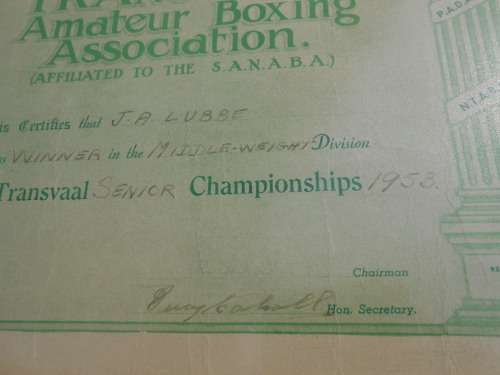 1953 Boxing Certificate.  Transvaal Amateur Boxing Association.  J.A. Lubbe.