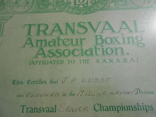 1953 Boxing Certificate.  Transvaal Amateur Boxing Association.  J.A. Lubbe.