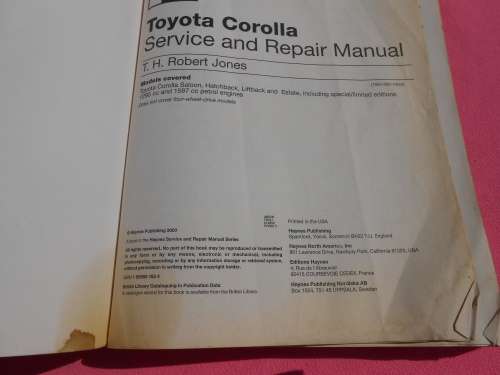 `Toyota Corolla`  Sept. 1987 to Aug 1992.  (E to K registration)  Soft cover.