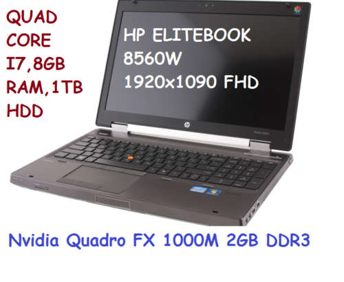 HP EliteBook 8560W , QUAD Core i7 , 2.0GHz, 8GB DDR3, 1TB (1000GB) HDD, 2GB NVIDIA ,FHD Webcam,