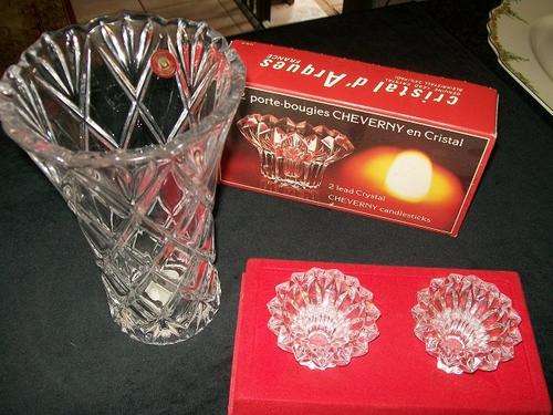 Pair of Cristal d'Arques crystal candle stands and crystal vase
