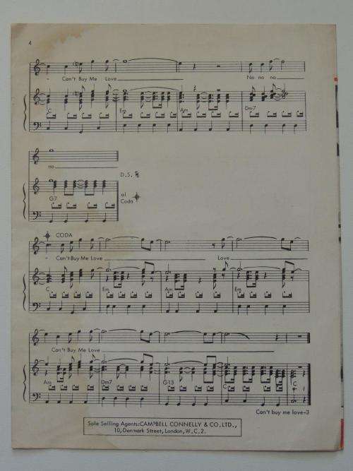 Cant Buy Me Love - The Beatles - 1964 - Vintage Sheet Music - by John Lennon and Paul McCartney.